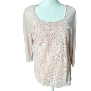 ELLE Womens XL Pale Pink Eyelet Lace Front 3/4Sleeve Knit Top Lightweight Raglan